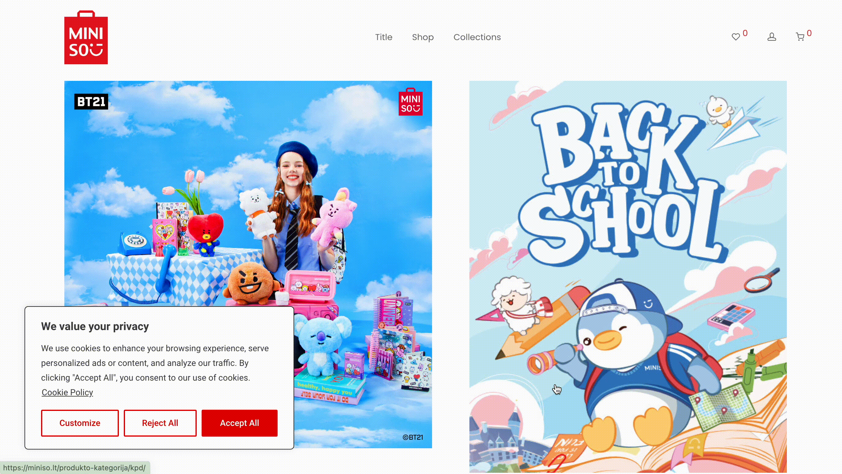 GIF of a cookie banner on Miniso's website
