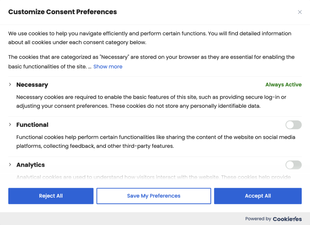 CookieYes banner collecting cookie preferences of users