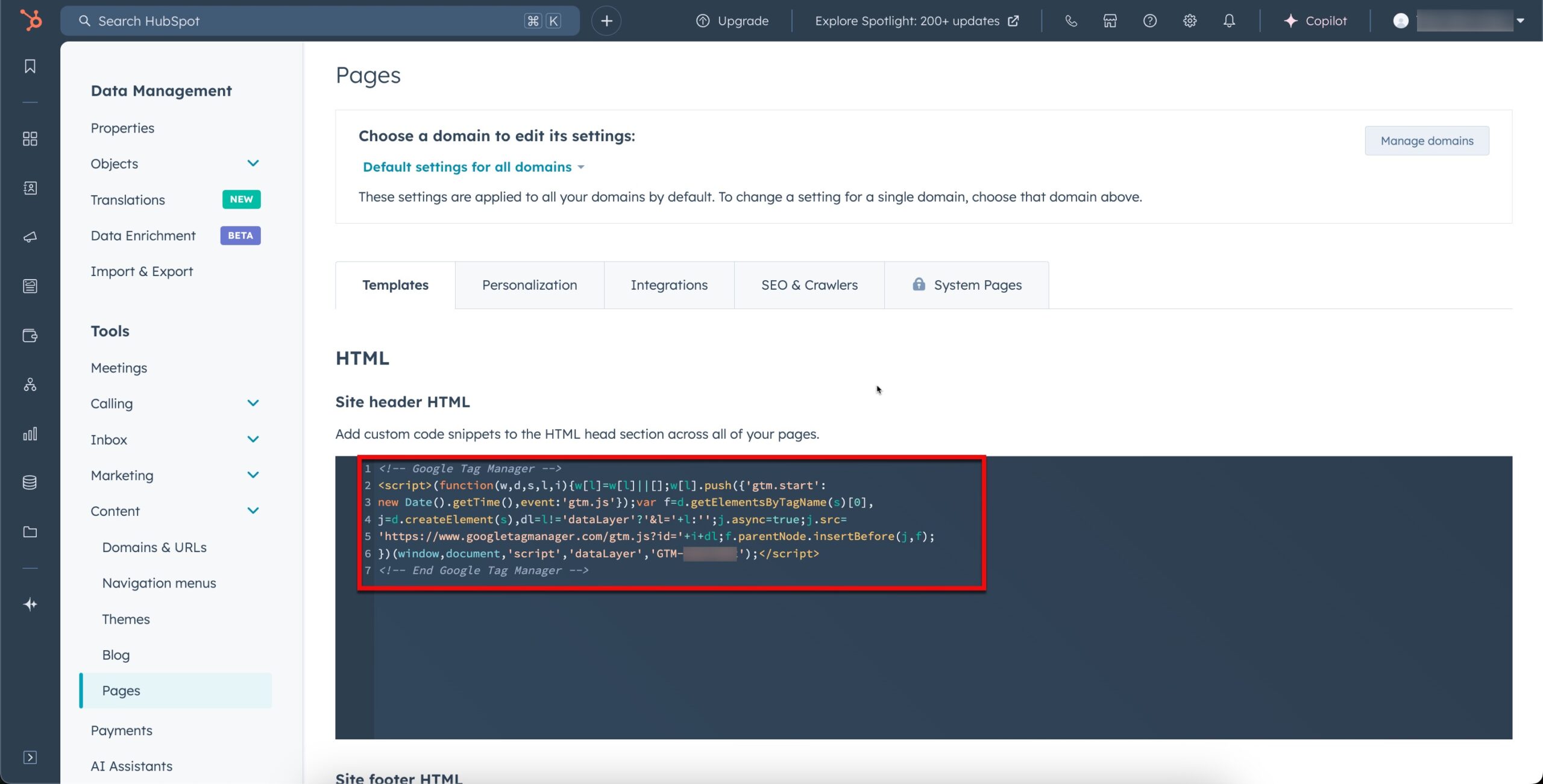 Paste code in header