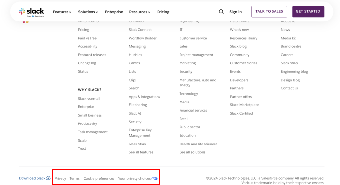 Privacy policy link for Slack