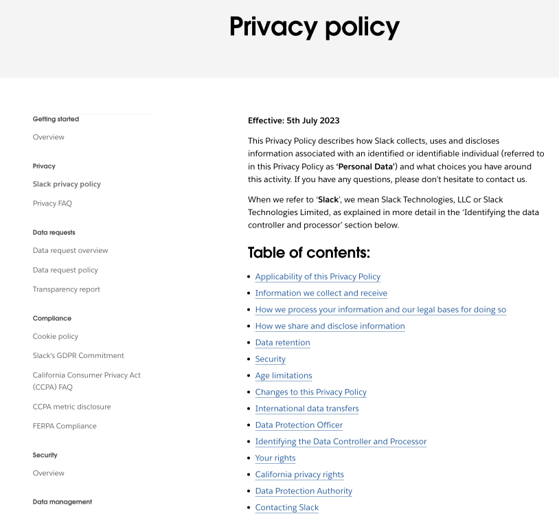 Privacy policy for Slack app
