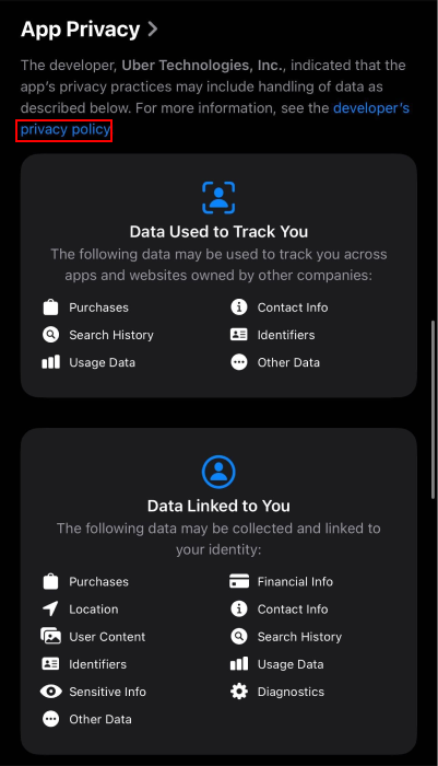 Privacy policy link for Uber app