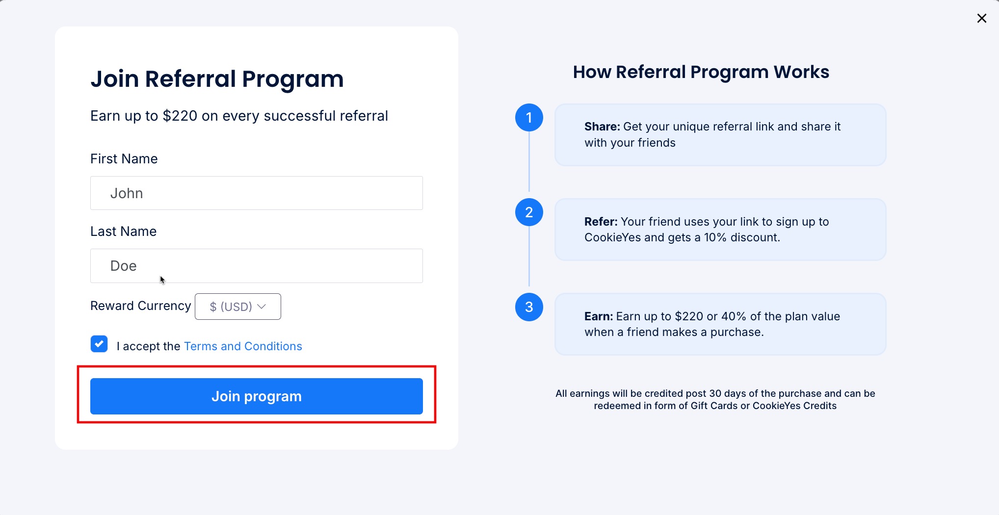 Join Refferal Program modal