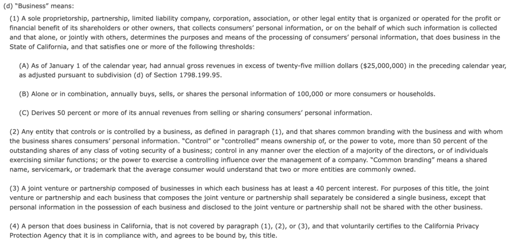 Screenshot of the definition of 'business' under the California Consumer Privacy Act (CCPA), outlining the criteria for entities subject to the law.