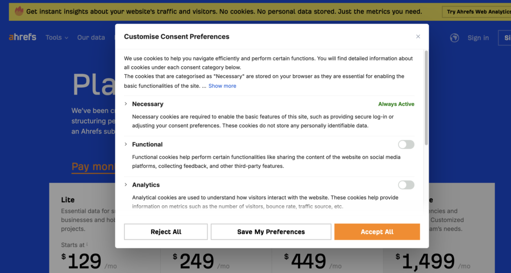 ahrefs cookieyes cookie compliance