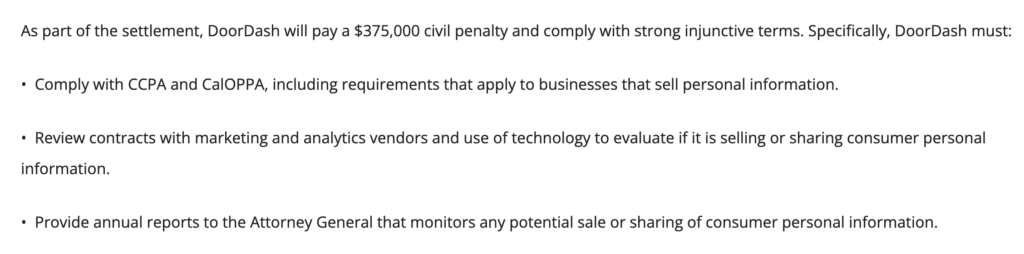 An image of a section from the California Attorney General's press release about its enforcement action on Doordash.
