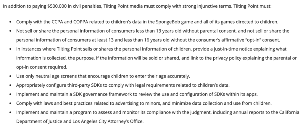 An image of a section from the California Attorney General's press release about its enforcement action on Titling Point Media LLC.