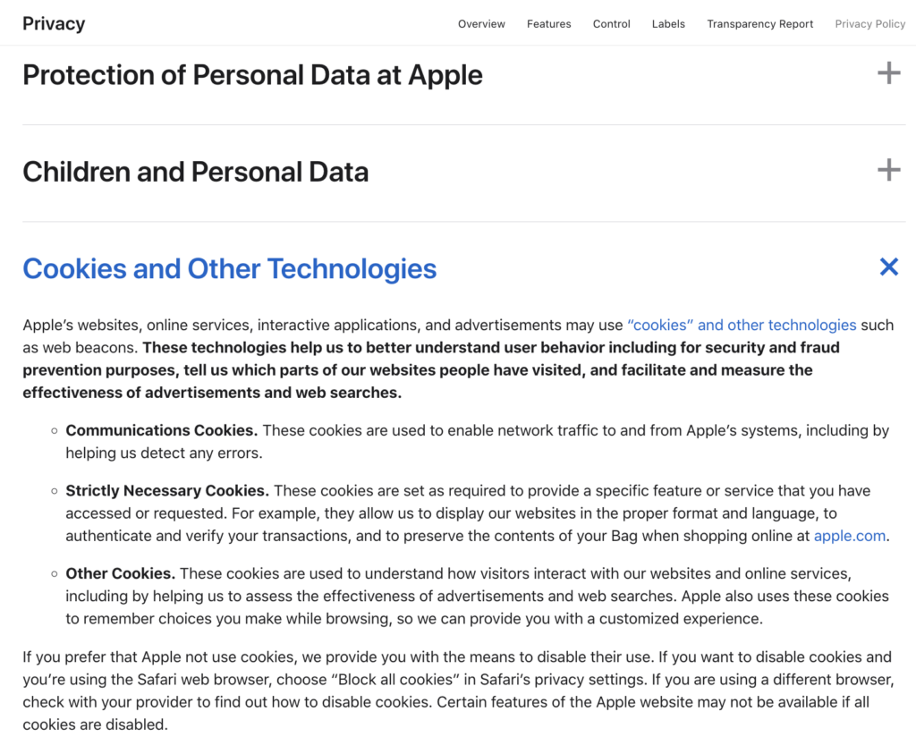 An image of Apple's privacy policy with a separate section that details how it uses cookies on its website.