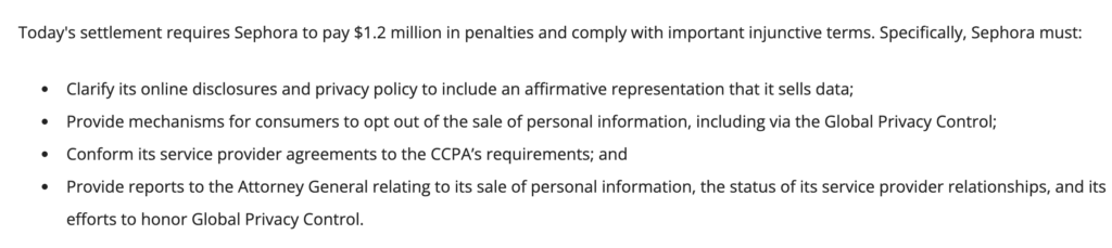 An image of a section from the California Attorney General's press release about its enforcement action on Sephora.