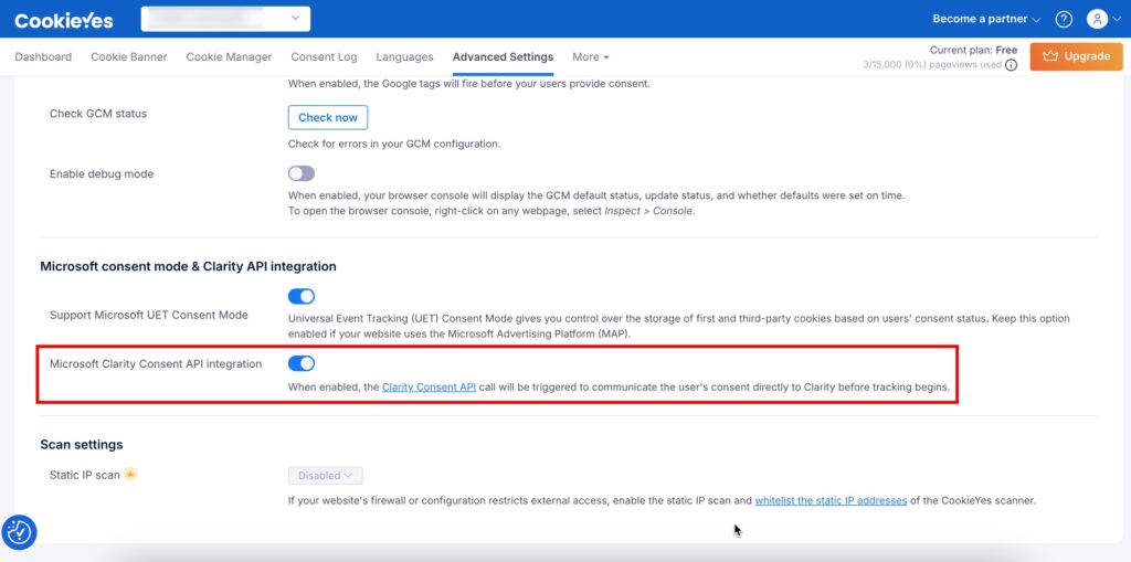 Microsoft Clarity Consent API setting in CookieYes