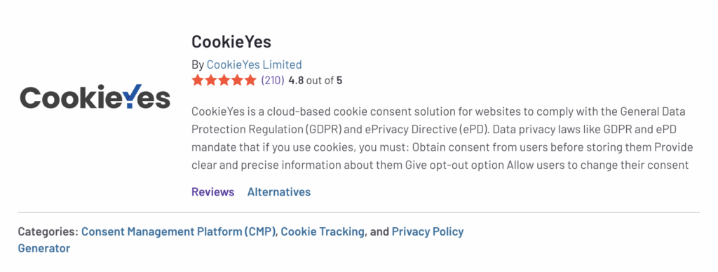Customer review of CookieYes on G2, showing a 4.8 out of 5 star rating from 210 reviews. The text describes CookieYes as a cloud-based cookie consent solution for website GDPR and ePrivacy Directive compliance.