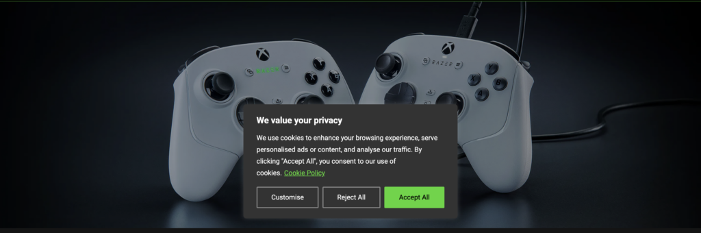 Image showing a cookie consent banner with the message "We value your privacy" displayed over two Xbox controllers. The banner includes options to "Customise," "Reject All," and "Accept All" cookies, highlighting its importance for building user trust and as a key element in a CCPA audit.
