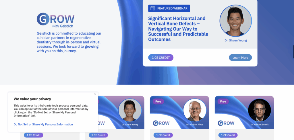 CCPA Cookie banner aligned to the bottom-right as seen on Grow with Geistlich's website