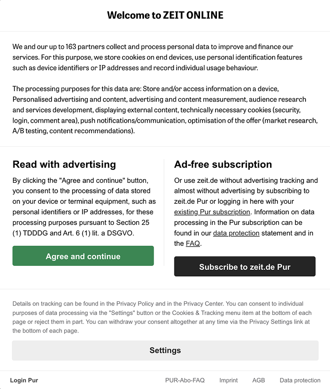 Zeit Online consent or pay