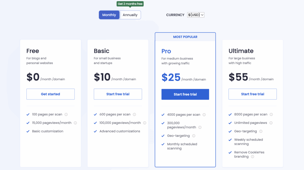 CookieYes pricing plan