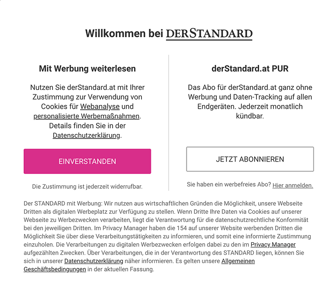 derStandard consent or pay wall
