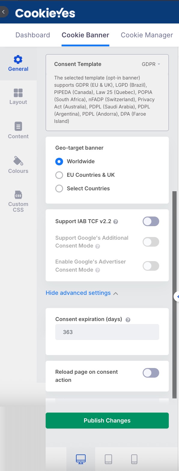 General tab in Cookie banner