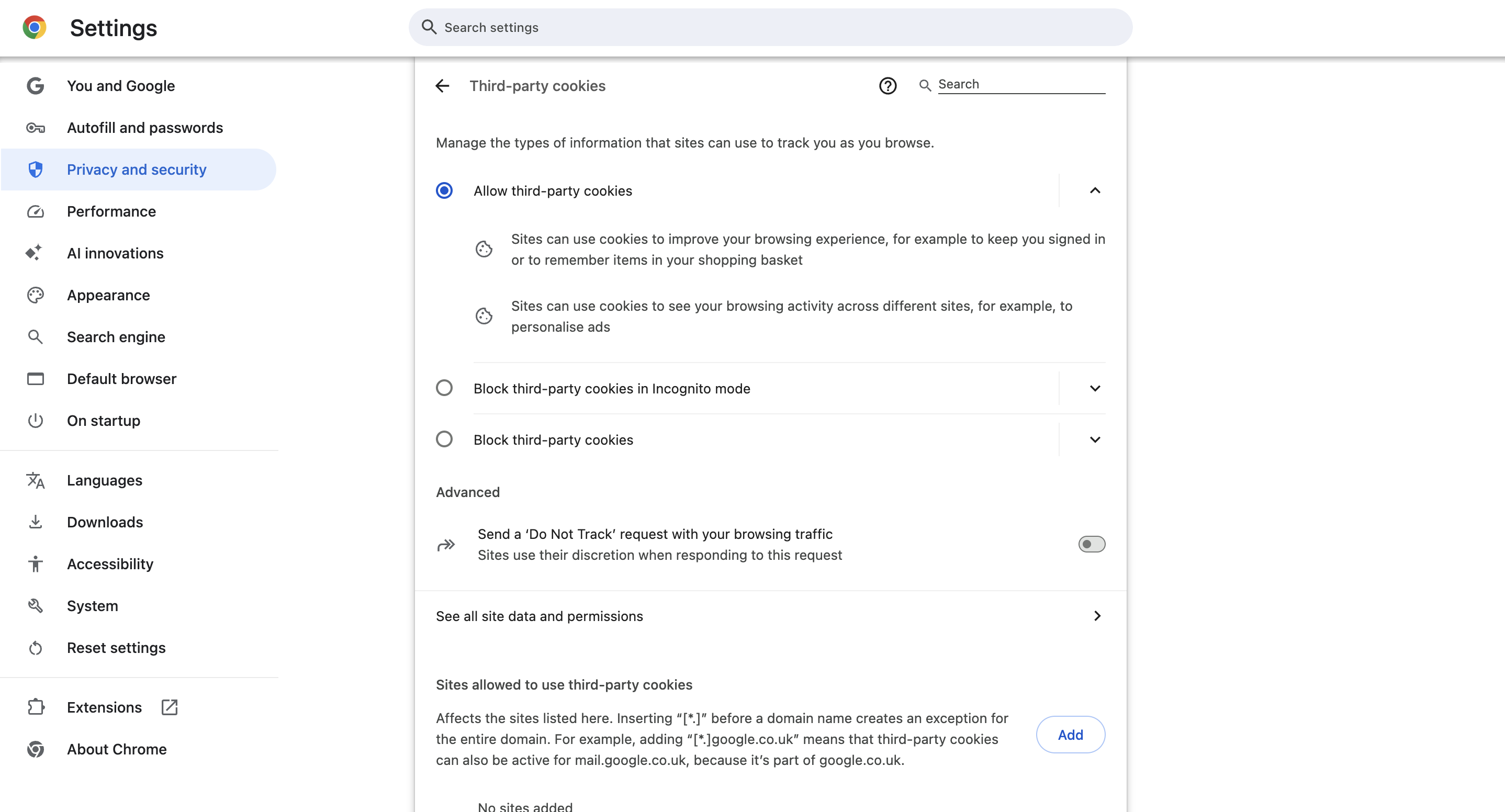 google third-party cookies settings