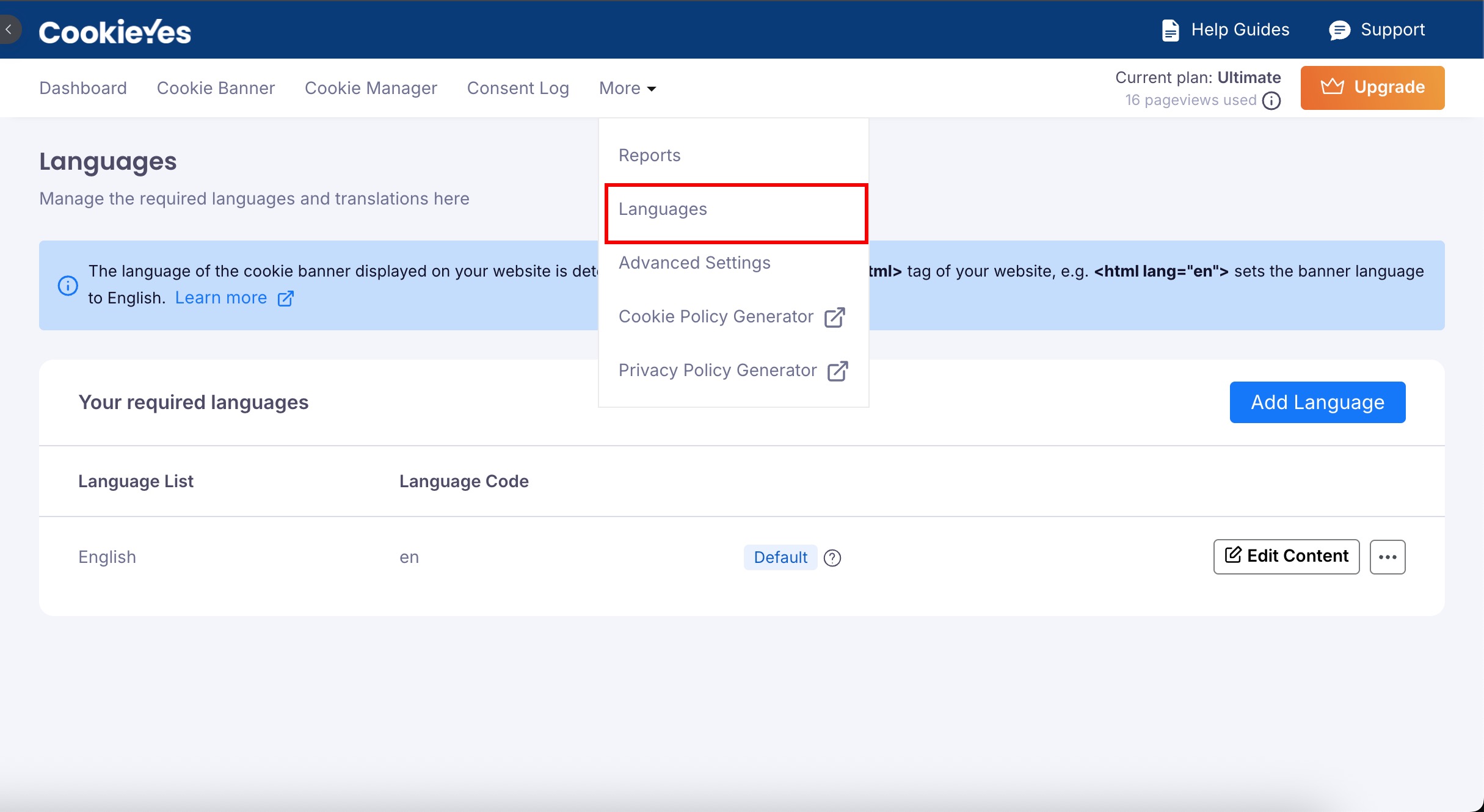 Language tab in CookieYes