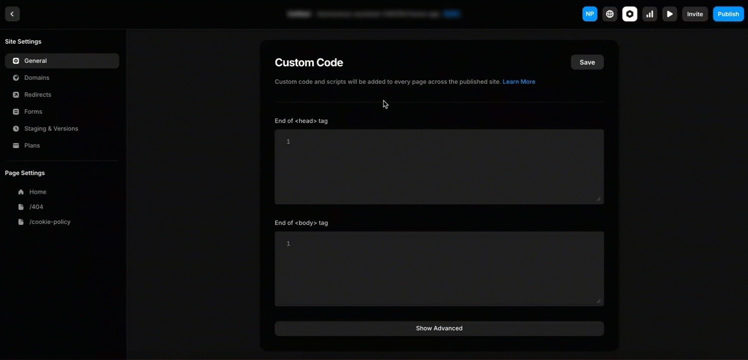 Pasting the CookieYes code under the Framer head section.