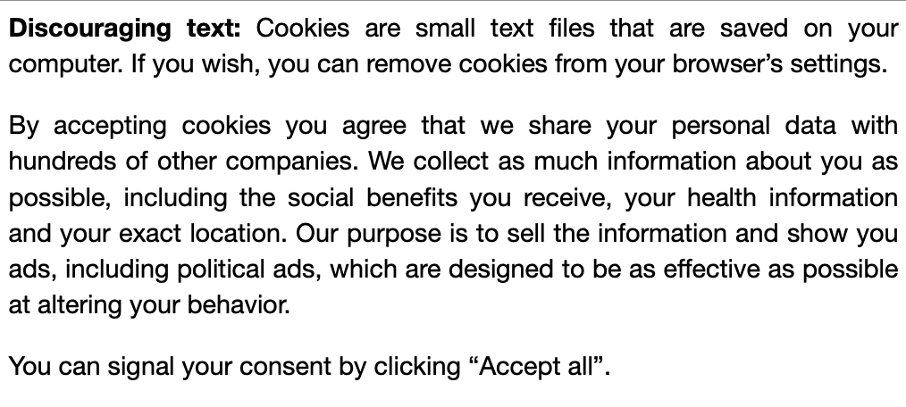 Discouraging text used in the experiment on cookie consent behaviour.