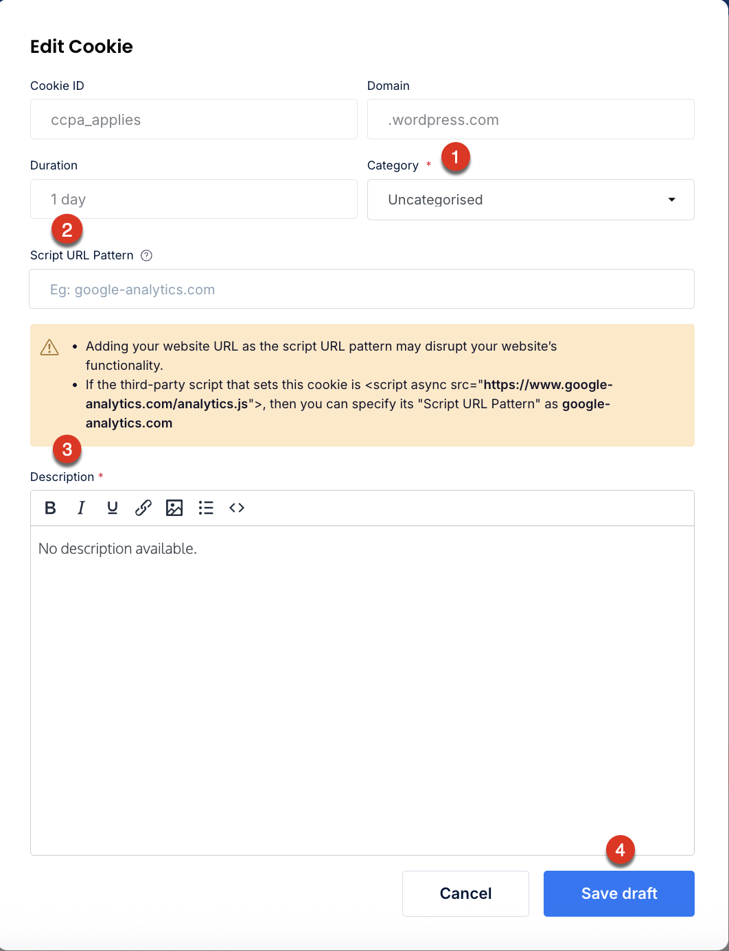 Edit Cookie Modal in CookieYes