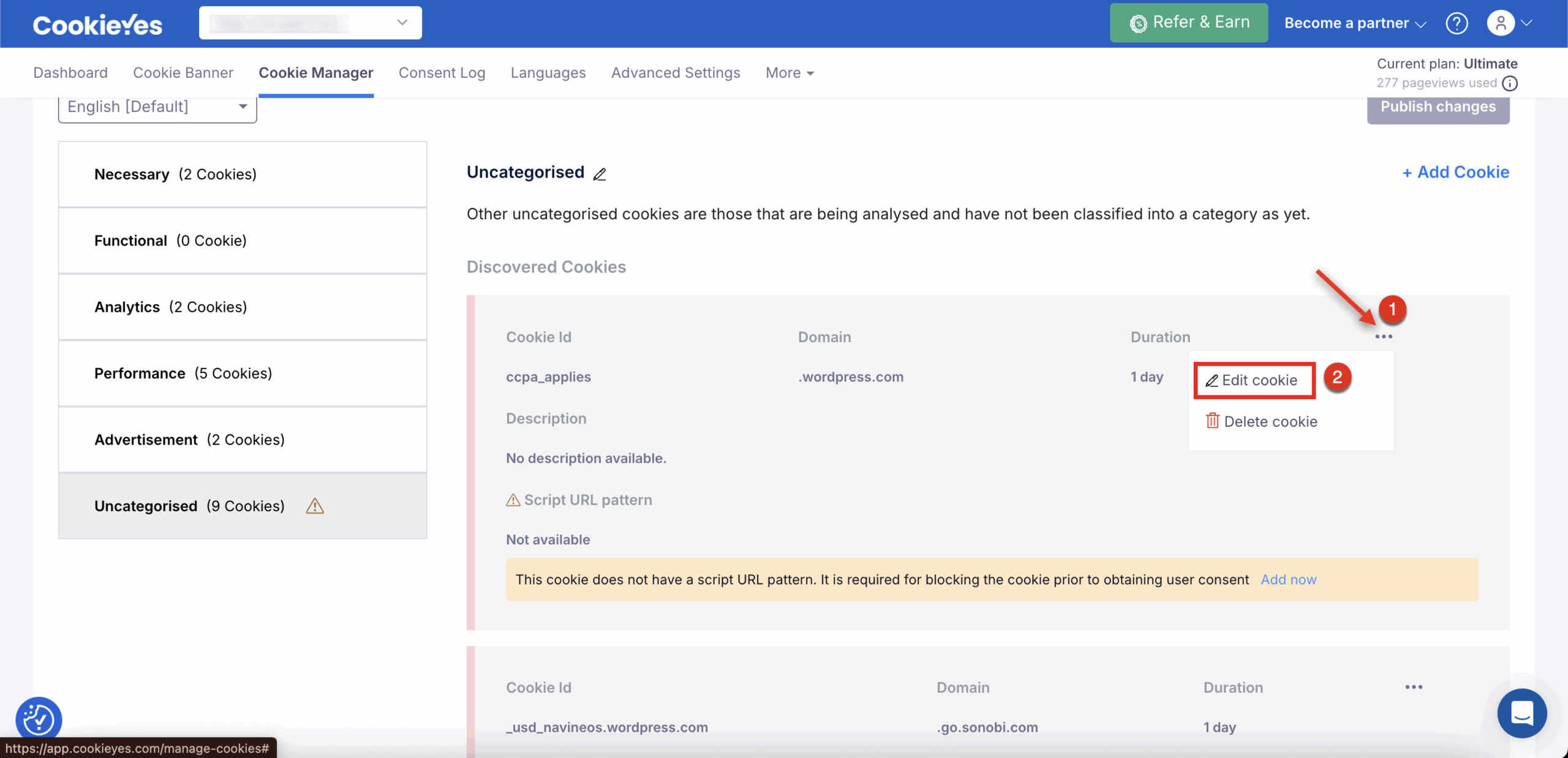 Edit cookie option in cookie category