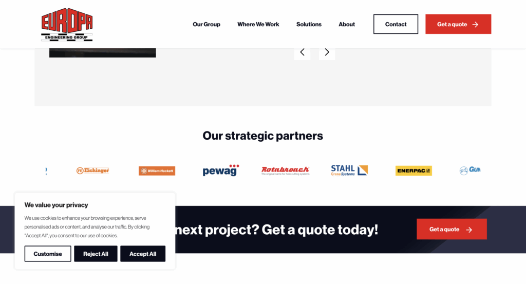 Cookie banner with equally prominent accept and reject buttons on the Europa engineering group’s website.