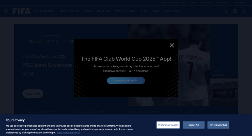 Cookie banner as seen on FIFA's website.