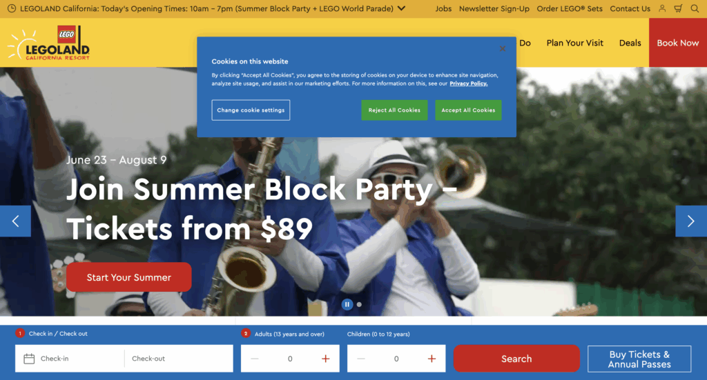 Cookie banner as seen on LegoLand's website.