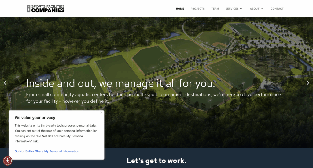 Cookie banner as seen on Sports Facilities's website