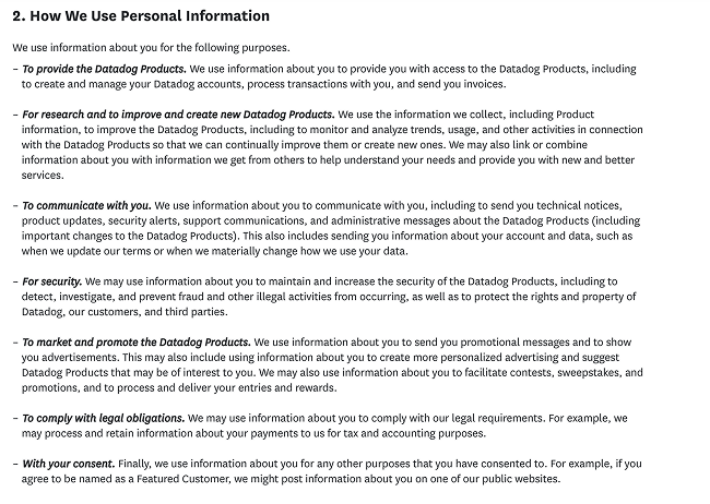 datadog privacy policy - how they use data