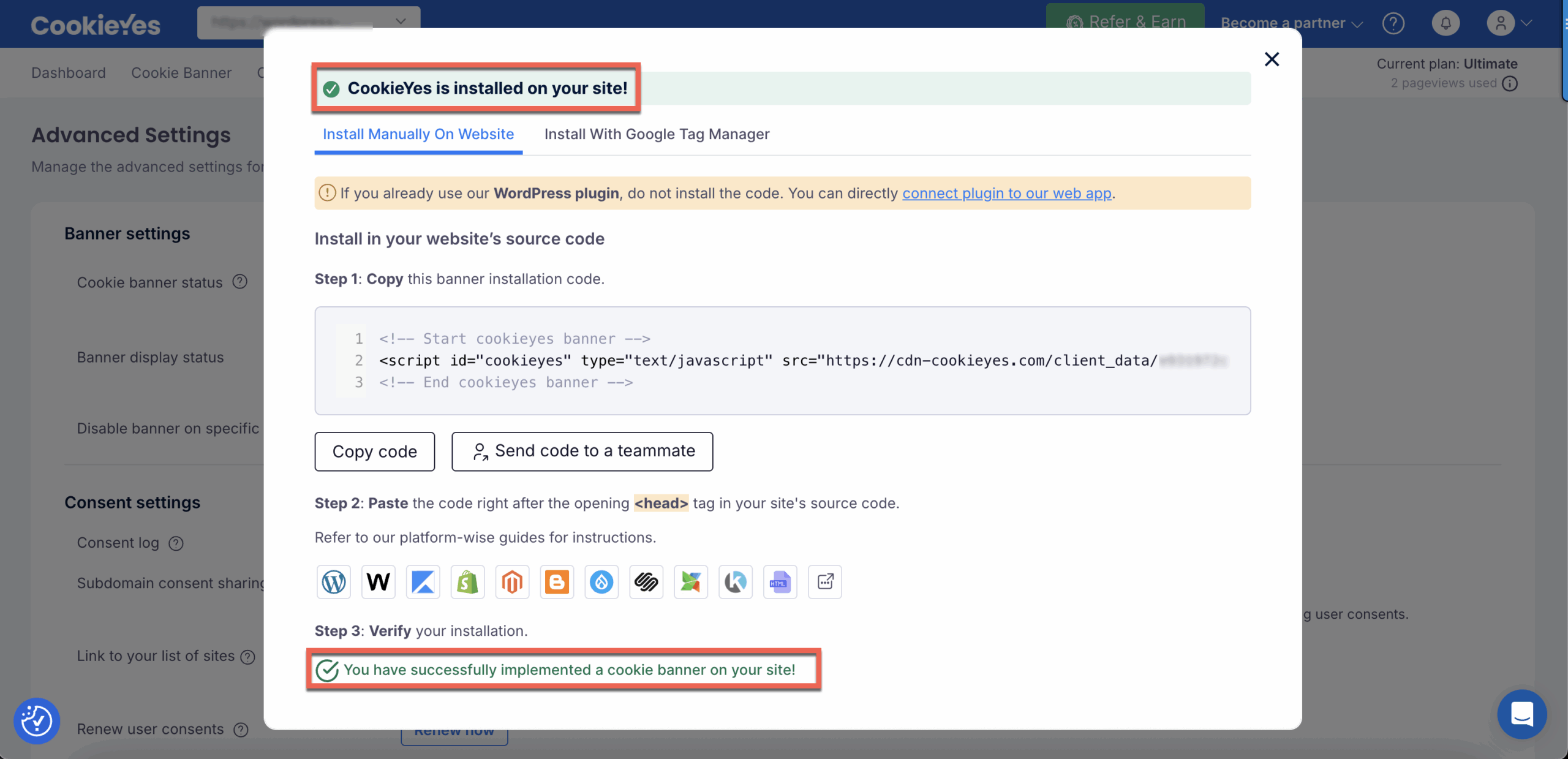 Verification successful for CookieYes banner installation