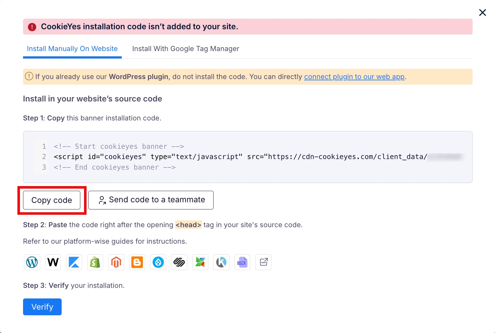 Copying the CookieYes installation code