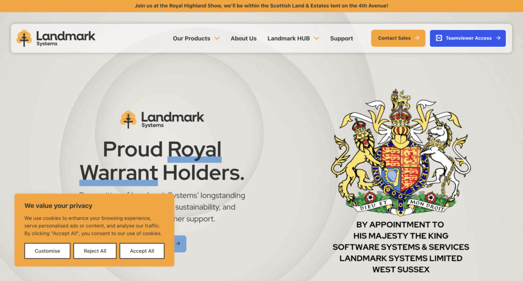 Cookie banner as seen on Landmark systems' website.