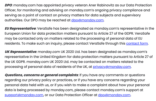 monday.com policy - contaact ino