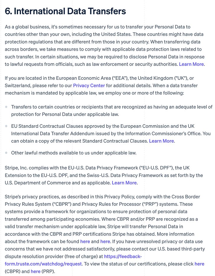 stripe policy - international transfers