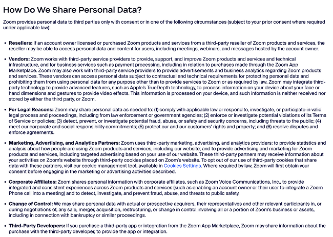 zoom privacy policy- data sharing