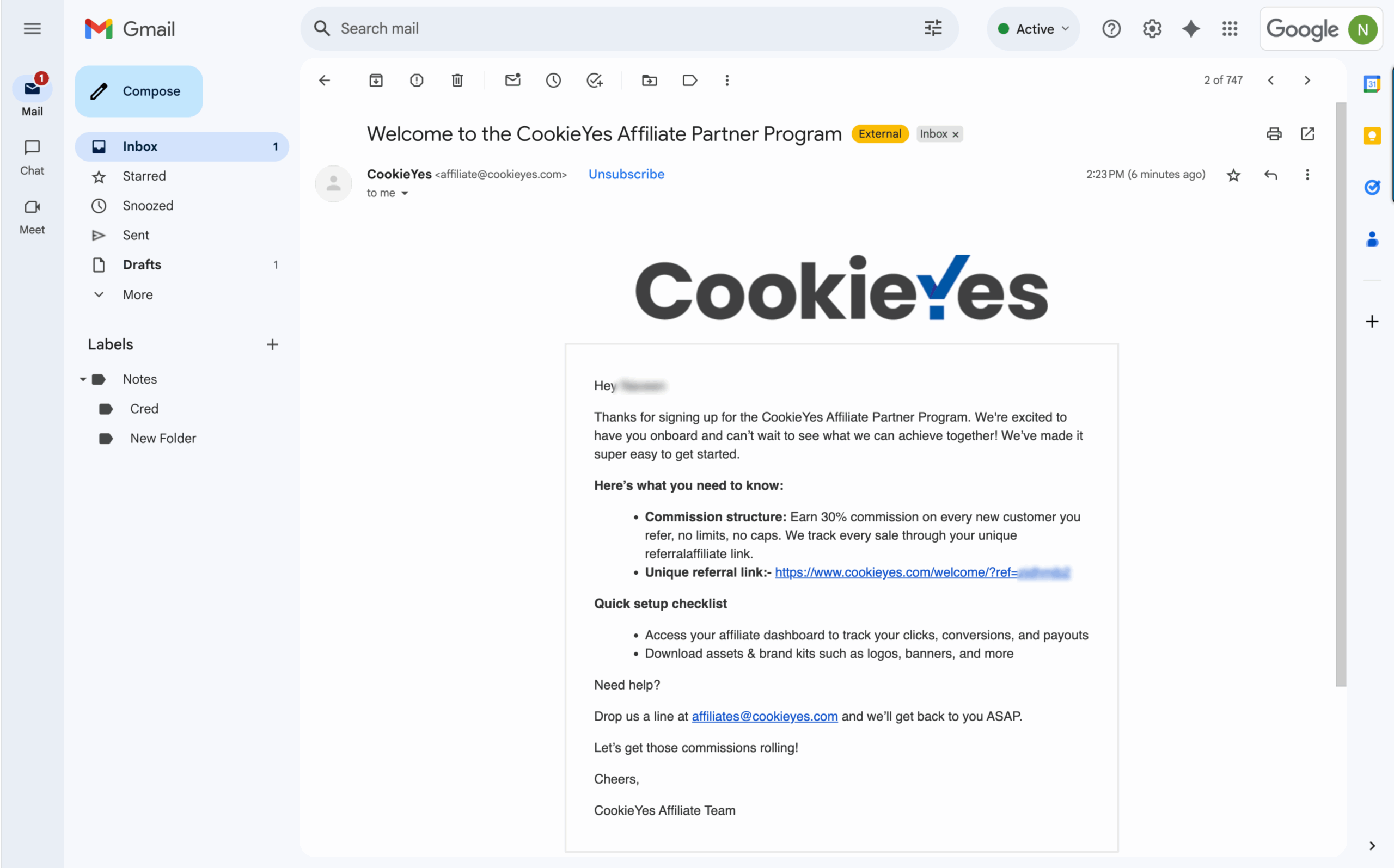 CookieYes Affiliate program email