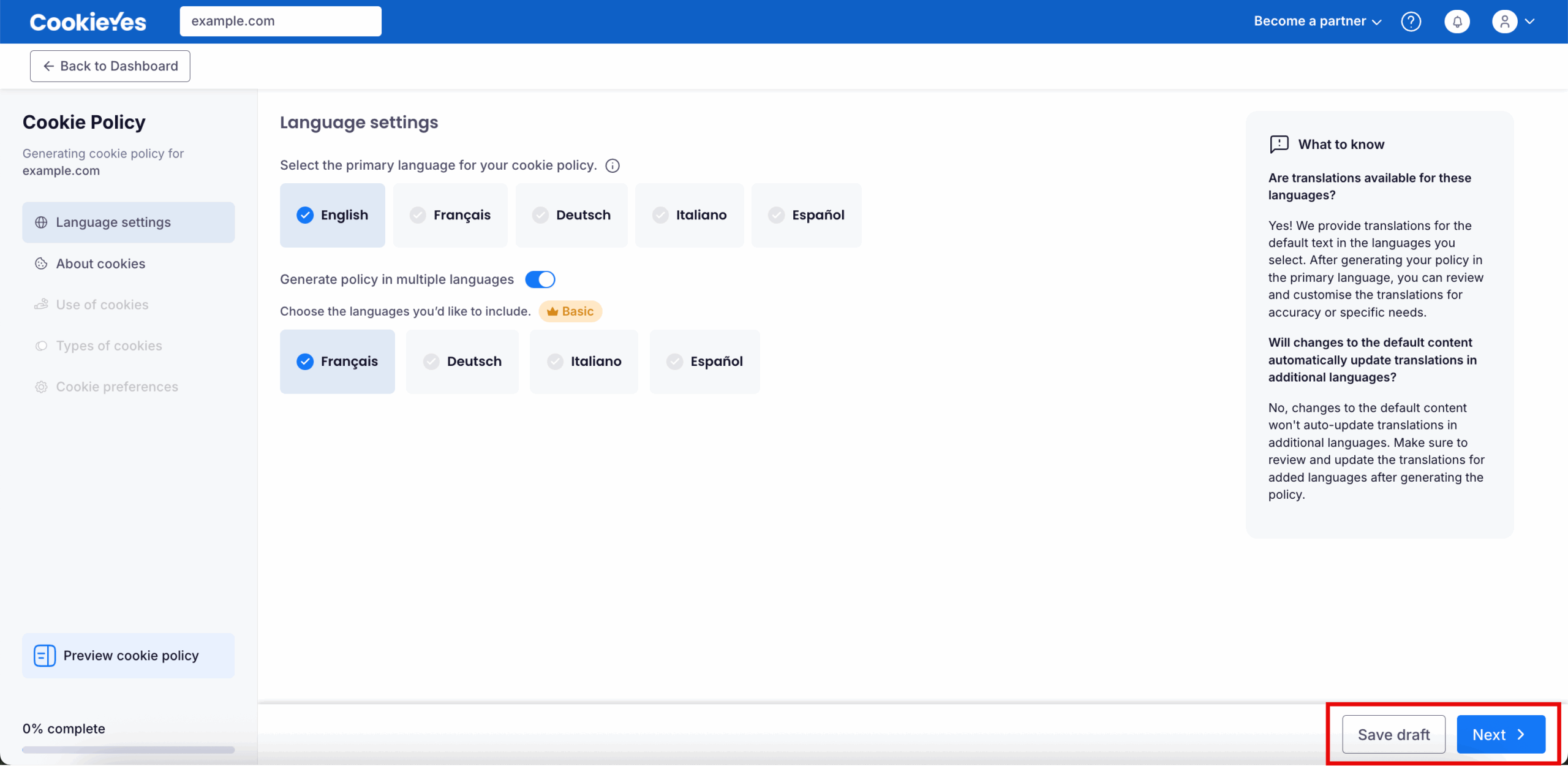 Save draft & Next button