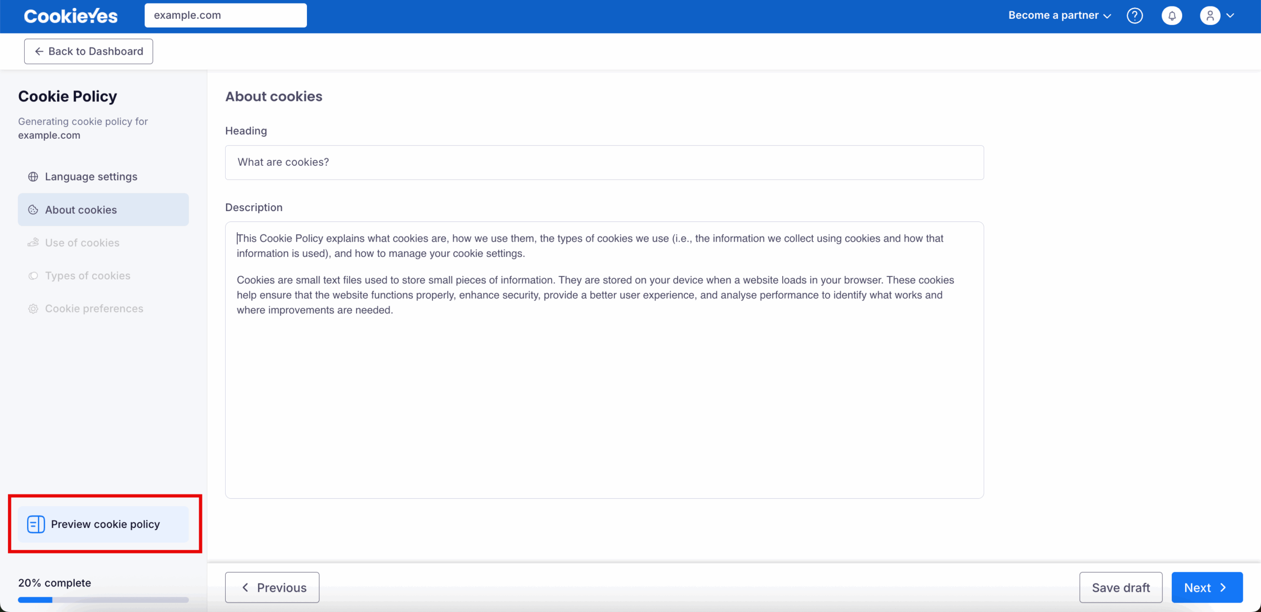 Preview Cookie policy