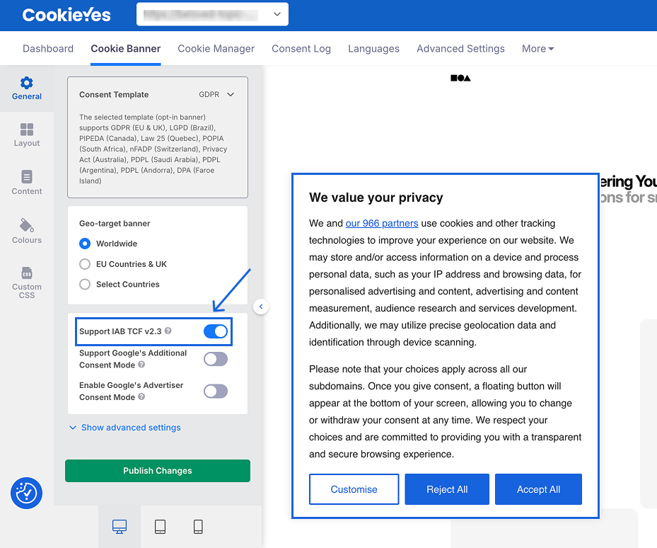 CookieYes dashboard with IAB TCF v2.3 toggle enabled and a cookie consent banner preview