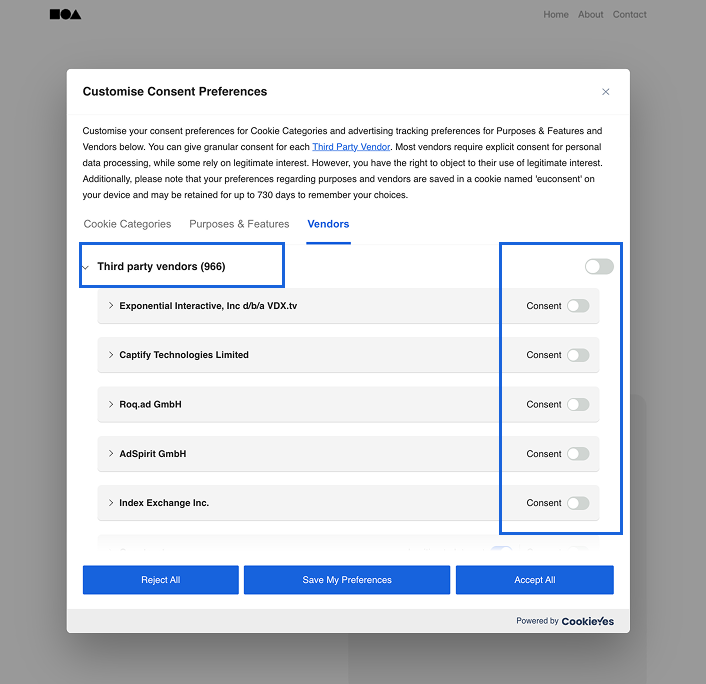 CookieYes consent preferences popup showing the Vendors tab with a list of third-party vendors, each with individual consent toggles 