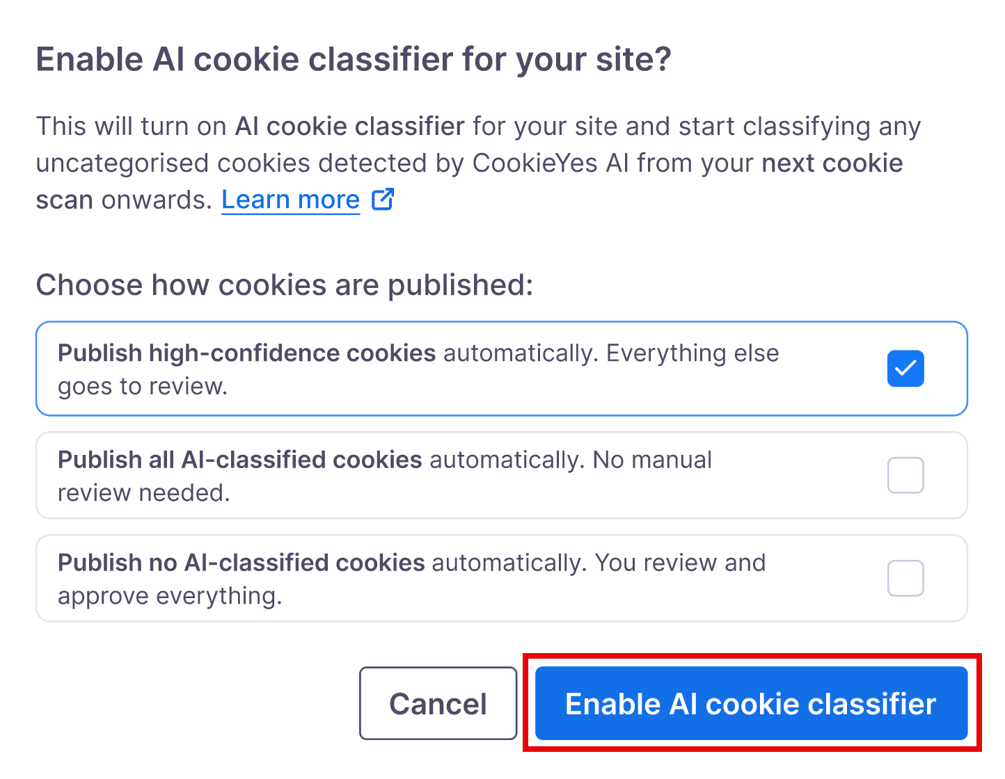Enable AI Cookie Classifier.