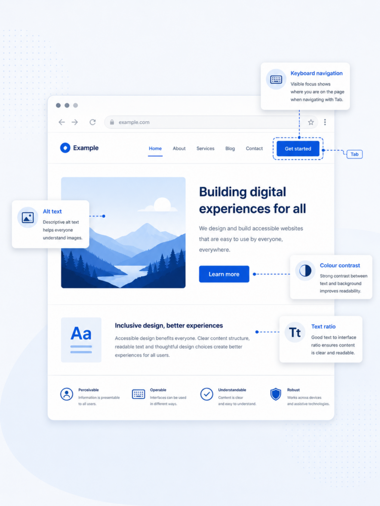 Website accessibility illustration showing a web page with callouts for alt text, colour contrast, keyboard navigation, and text ratio.

