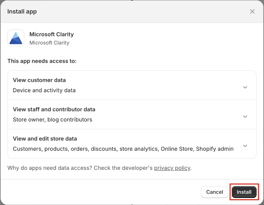 Confirmation modal for install